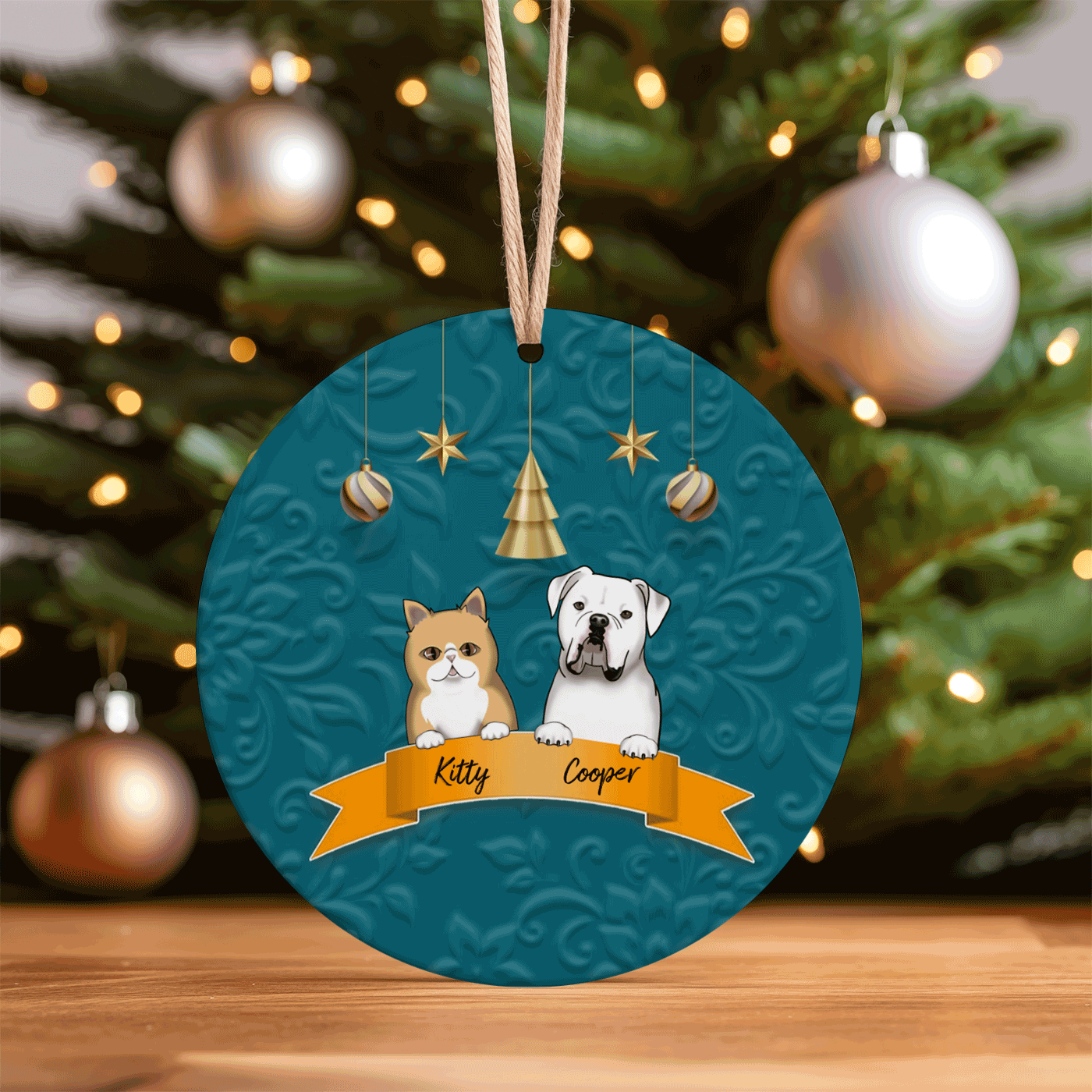 Personalized Dog and Cat Christmas Ornament with Custom Names | Circle Ceramic Ornament
